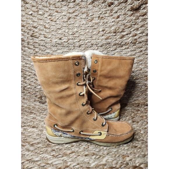 Sperry Top Sider Women's Brown Leather Lace Up Fold Down Fur Boots Size 7 M - Picture 7 of 12